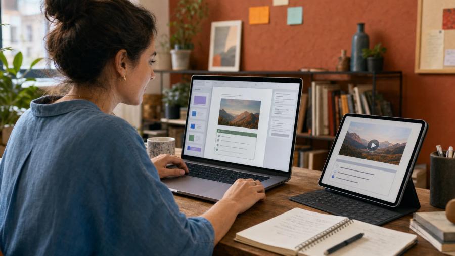 A content creator adding an image and a quiz to an eBook chapter on a laptop, with the finished interactive page on a tablet beside it