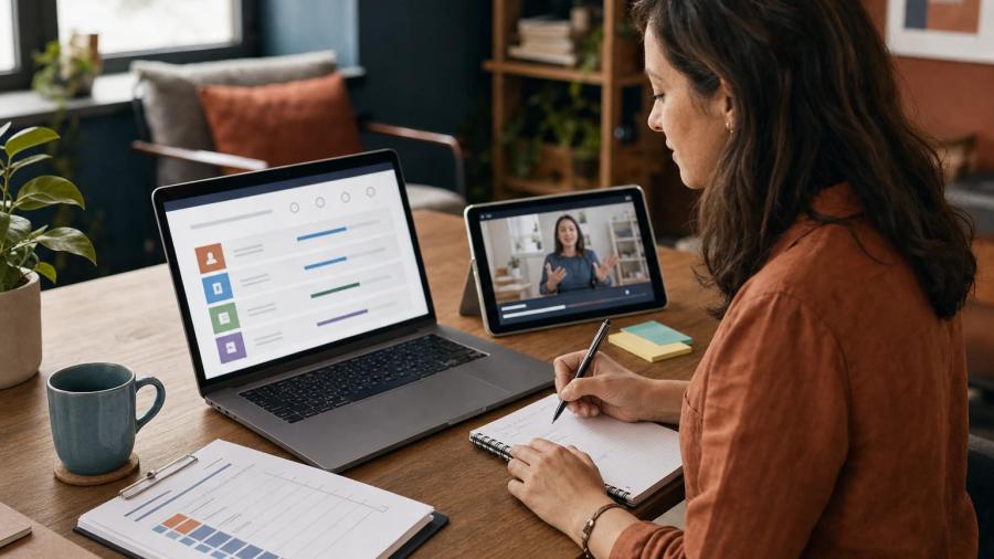 A learning and development manager at a laptop showing an online course outline with modules and progress bars, beside a tablet playing a training video