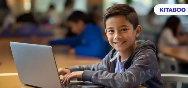 Medium shot kid with laptop indoors vlog