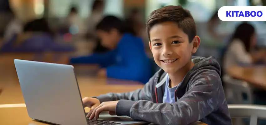 Medium shot kid with laptop indoors vlog