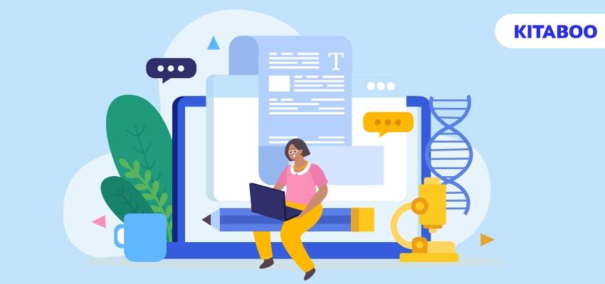 Scientific articles writing flat composition with doodle female character riding pencil with laptop screens thought bubbles blog