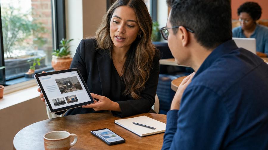 A sales representative showing a product brochure and video on a tablet to a customer across a café table