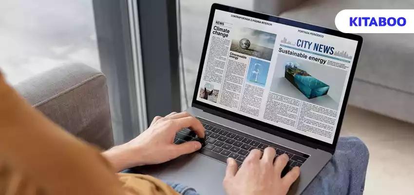 High angle man reading digital magazine
