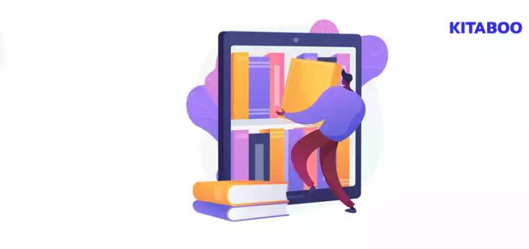 Ebooks collection. library archive, e reading, literature. male cartoon character loading books in ereader. man putting blog.psd