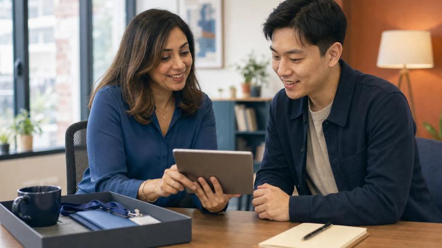An HR professional and a new hire reviewing an onboarding checklist on a tablet, with a welcome kit on the desk