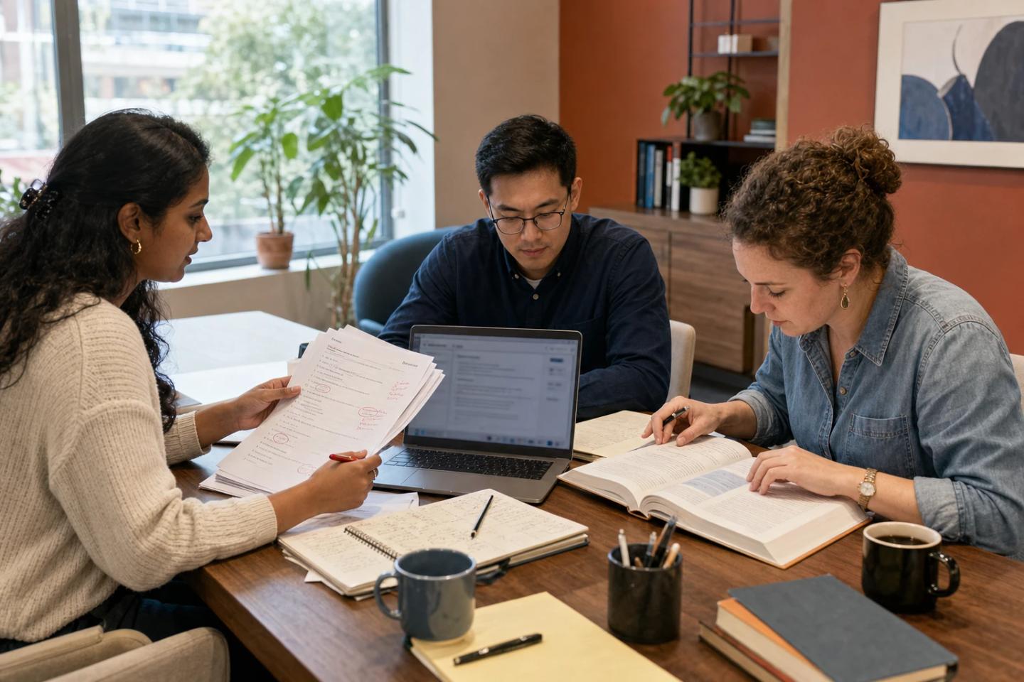 Editorial team reviewing AI-generated quiz questions on printed sheets and a laptop screen in a bright meeting room
