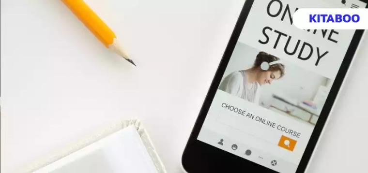 Top view of a mobile phone on office desk, online study