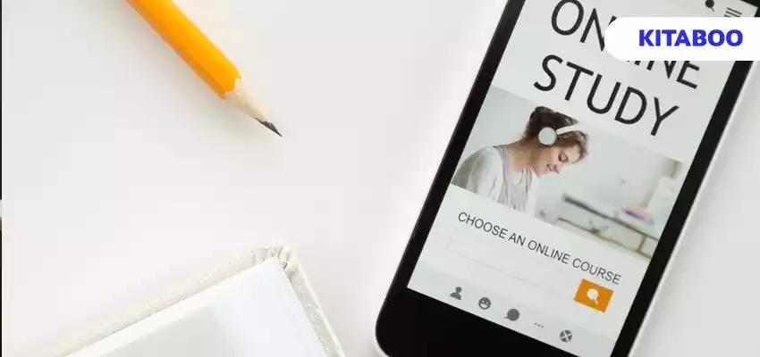 Top view of a mobile phone on office desk, online study