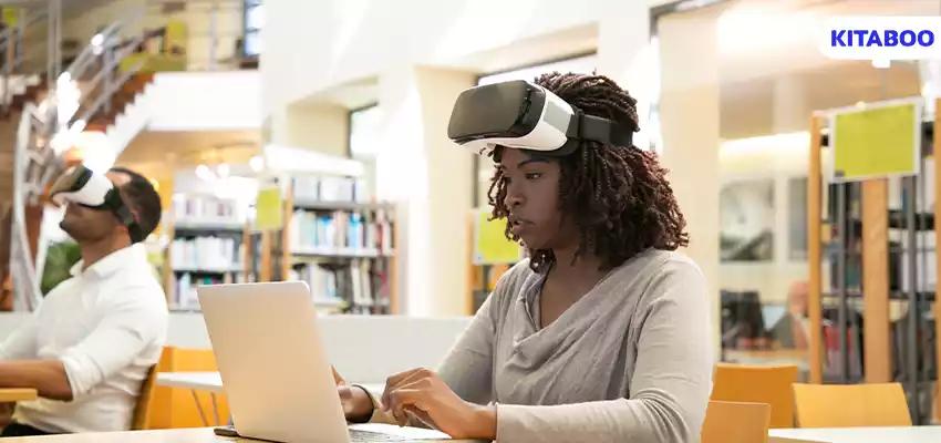 Focused black female student describing VR experience