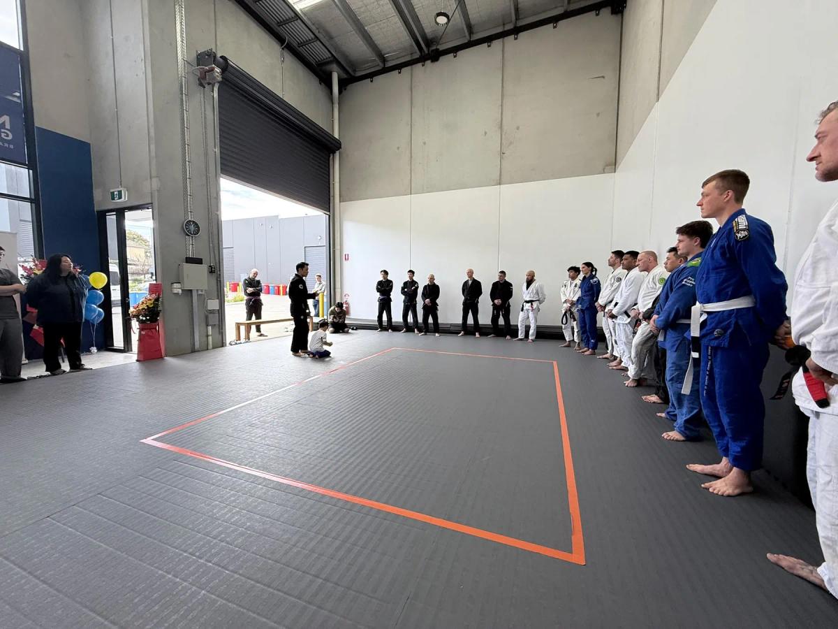 A class lined up on the mat at the Noble Grounds BJJ academy in Mitcham