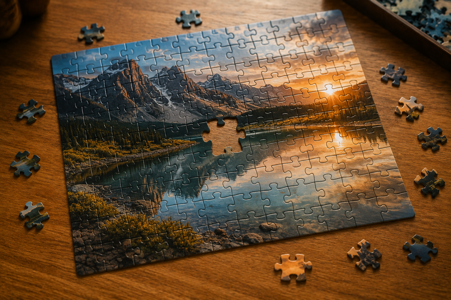 A nearly completed jigsaw puzzle missing one central piece, representing how missing context leads to incomplete answers.