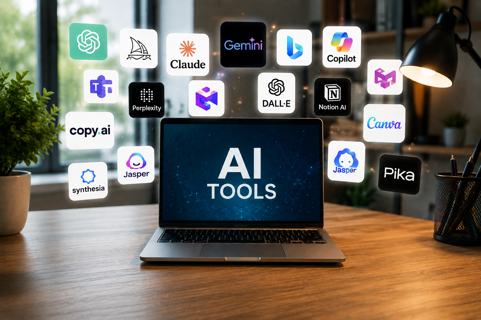 A modern laptop on a clean wooden desk surrounded by icons representing multiple AI tools and platforms. The minimalist workspace is warmly lit with a desk lamp and plant, symbolizing the process of choosing the right AI tool for different tasks.