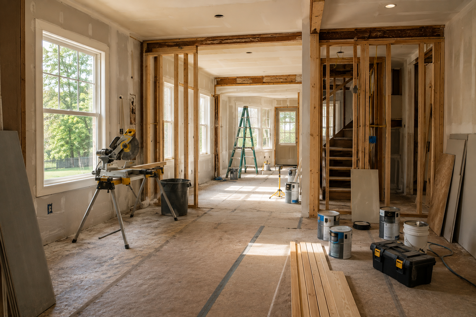 A partially renovated room with exposed framing, construction tools, and unfinished walls during a home remodeling project.