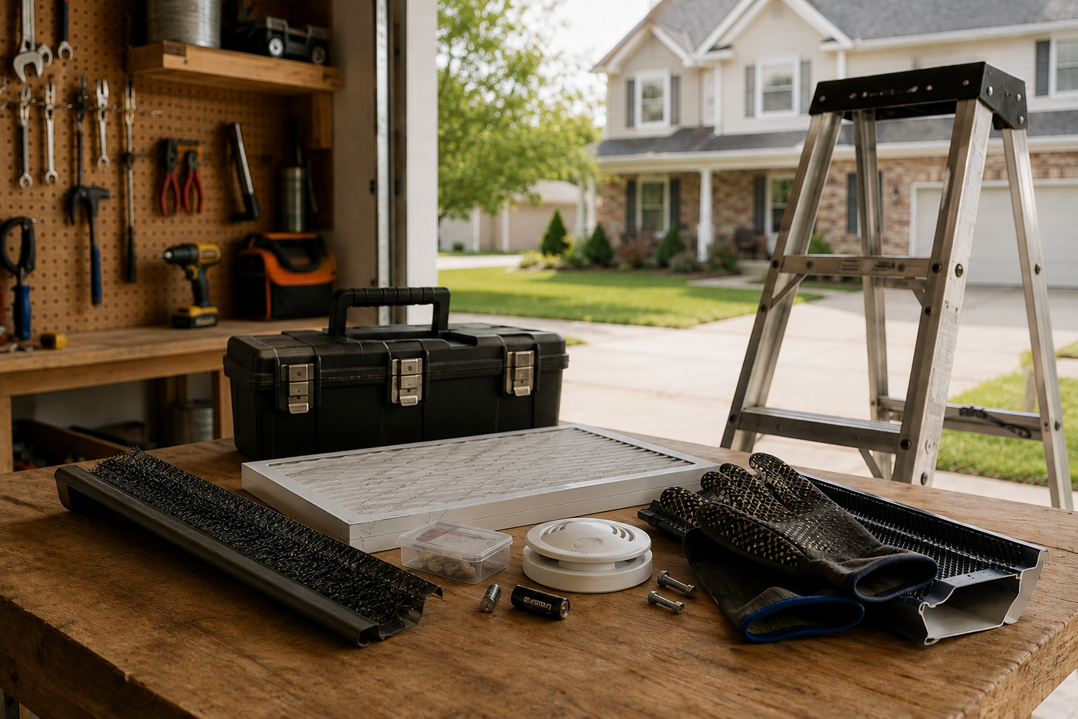 Home maintenance supplies and a seasonal checklist arranged in a garage, representing the importance of routine upkeep before expensive repairs are needed.  Pinterest Title
