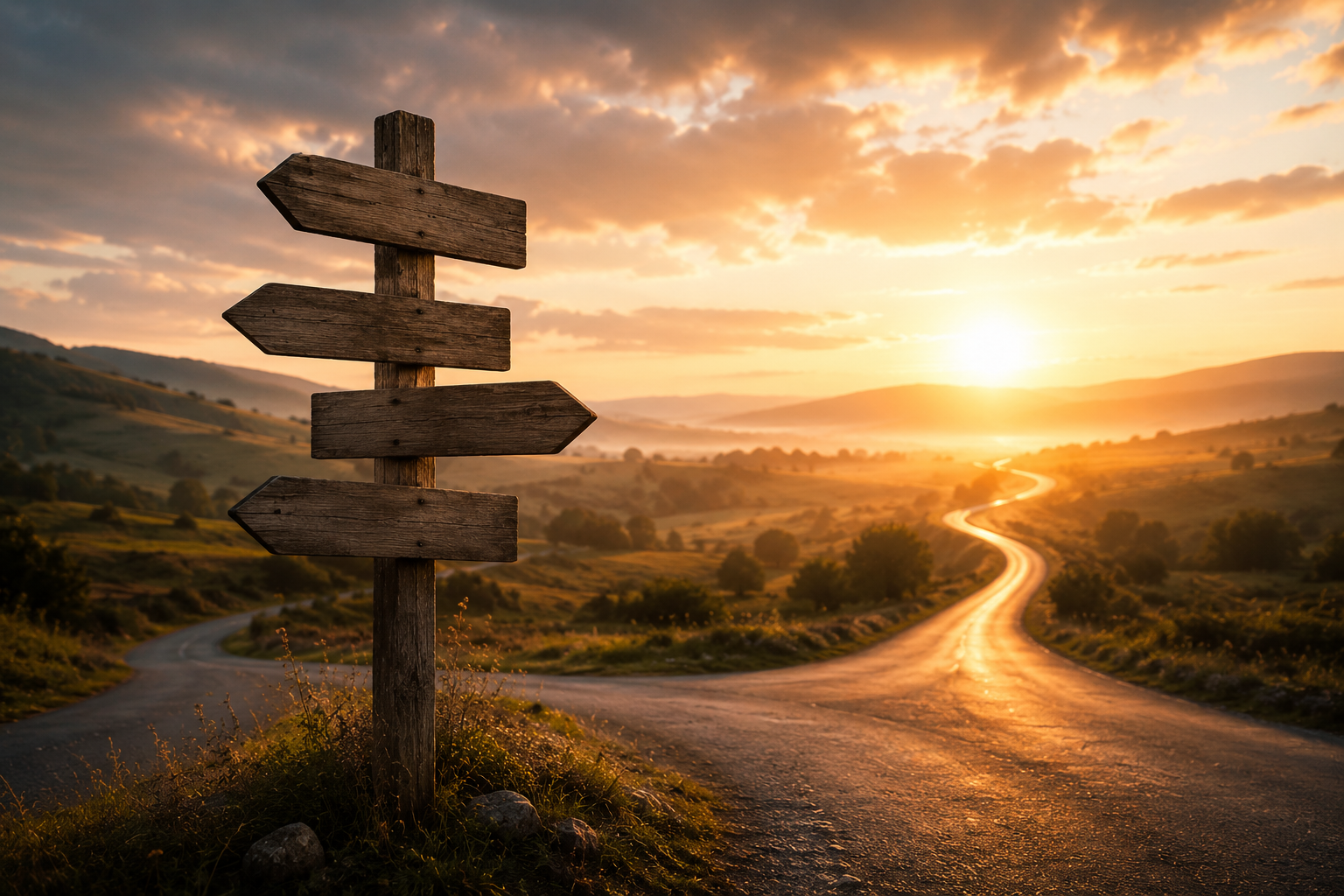 A winding road at sunrise with a signpost pointing in several directions, symbolizing new opportunities and life choices.
