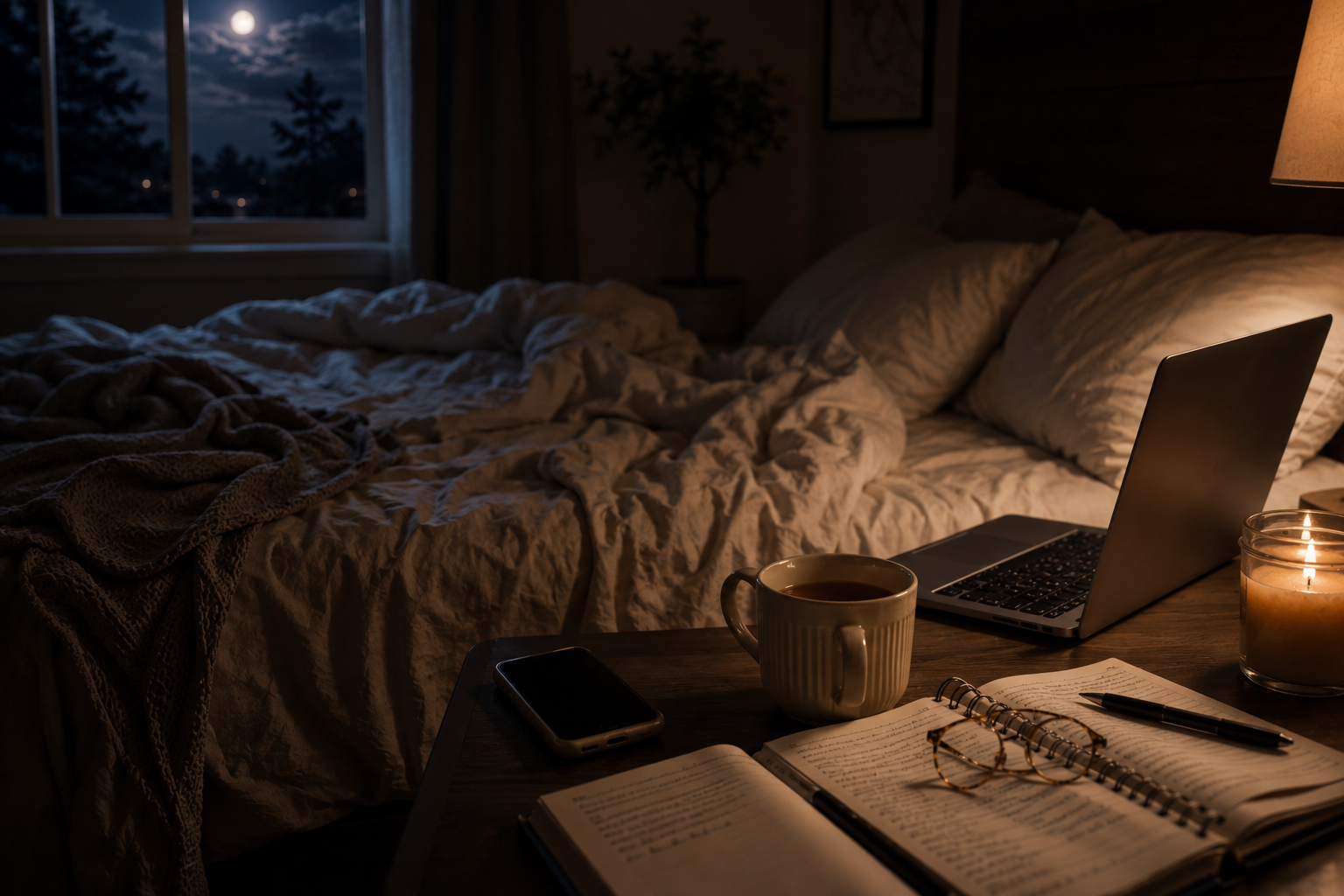 A cozy bedroom at night with an unmade bed illuminated by warm bedside lighting and soft moonlight streaming through the window. A glowing laptop sits on the nightstand beside an open notebook filled with handwritten notes, a half-finished mug of tea, reading glasses, and a phone placed face down, creating a peaceful, reflective workspace with a calm, cinematic atmosphere.