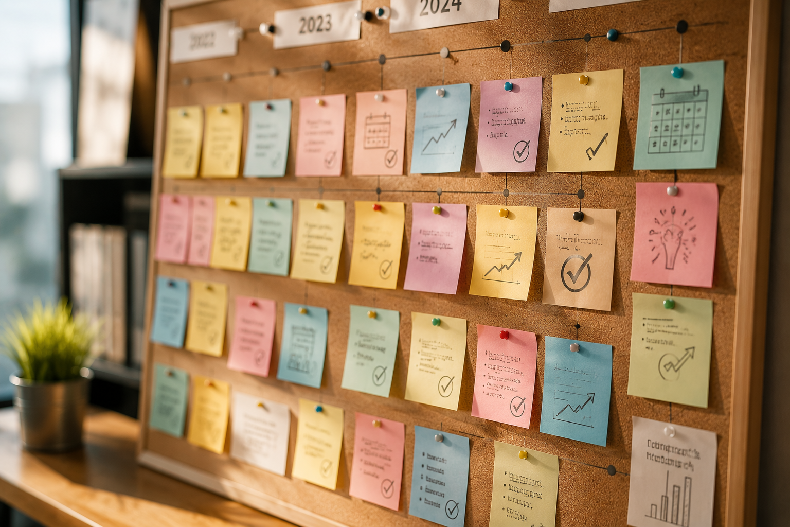 A colorful project planning board covered with pastel sticky notes, checkmarks, charts, calendar icons, and milestone markers arranged in an organized timeline. The warm, modern office setting and structured layout create a visual record of completed projects, achievements, and ongoing progress over time.