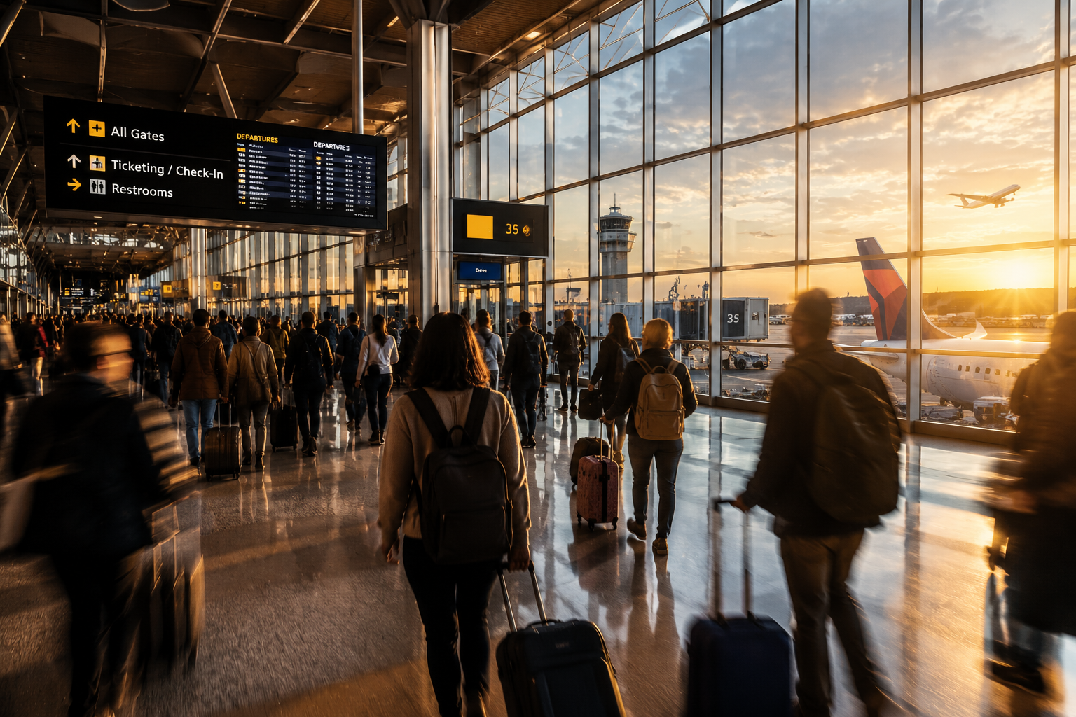A busy modern airport terminal at sunset with travelers walking through a spacious concourse pulling rolling luggage. Floor-to-ceiling windows overlook airplanes on the tarmac as warm golden light reflects across the polished floors, creating a cinematic atmosphere of travel, movement, and anticipation.