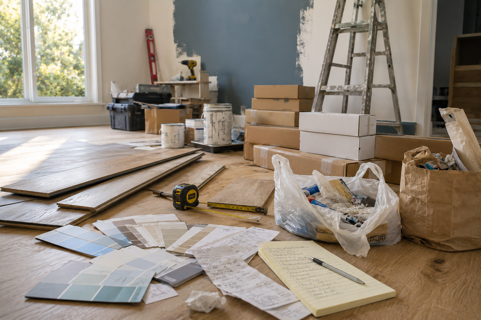Home renovation supplies, receipts, and budgeting notes spread across a room mid-project, illustrating how home improvement costs can quickly add up.