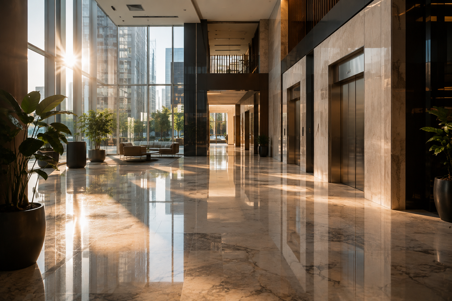 Modern office building lobby with elevators and morning light representing a new career opportunity and job interview preparation.