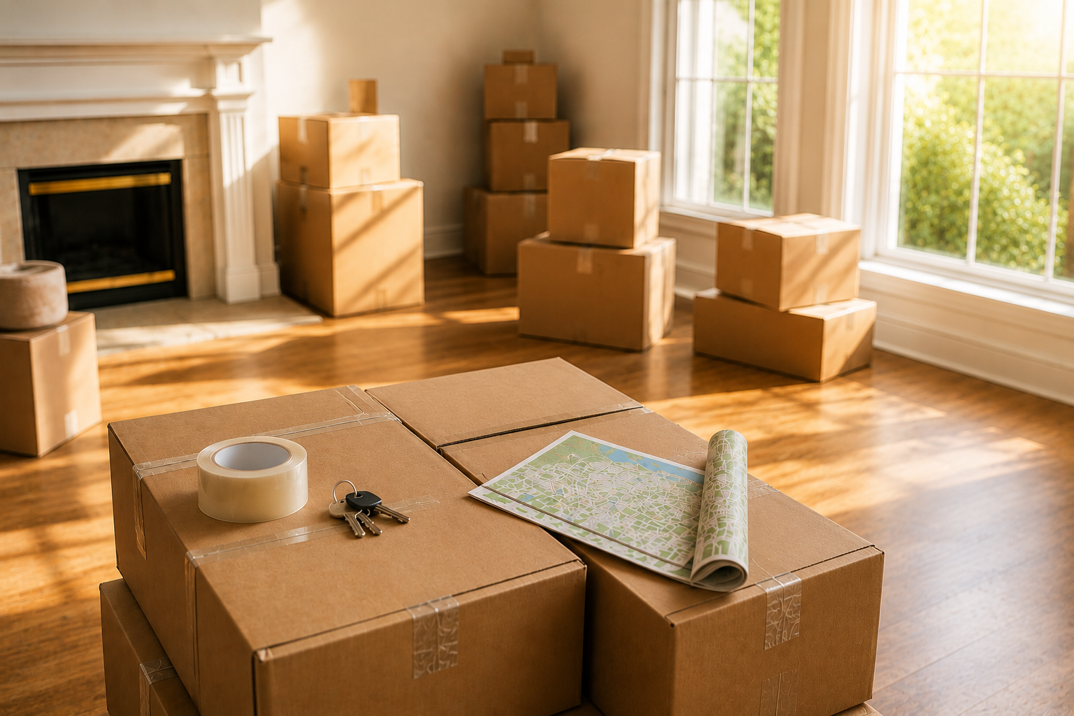 Labeled moving boxes beside a laptop, map, keys, and packing supplies in an empty room, representing an organized move.