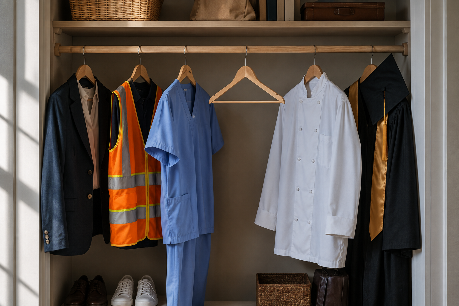 Clothing representing different careers hanging in a closet with one empty hanger in the center, symbolizing an undecided career path.