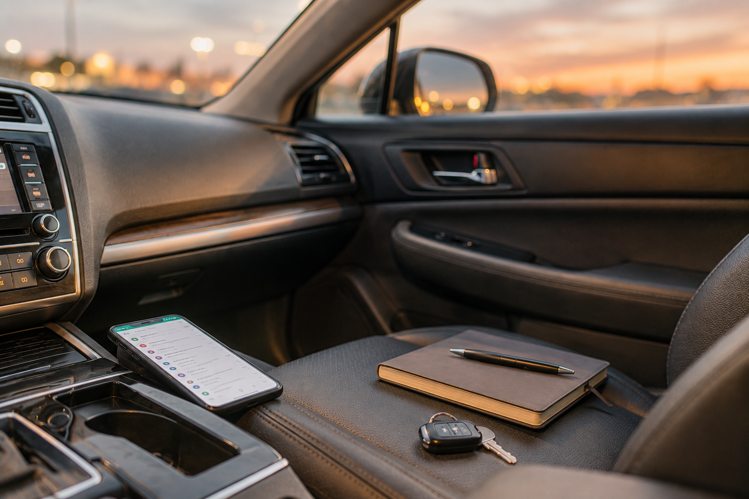 A phone with a blurred email screen rests inside a parked car beside a notebook and keys at dusk.