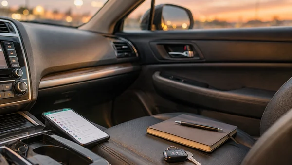 A phone with a blurred email screen rests inside a parked car beside a notebook and keys at dusk.