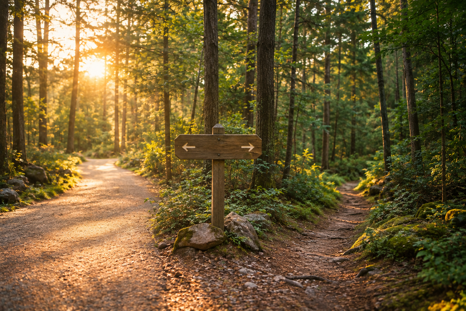A forest hiking trail splitting into two paths at sunrise, symbolizing choosing the right approach before moving forward.