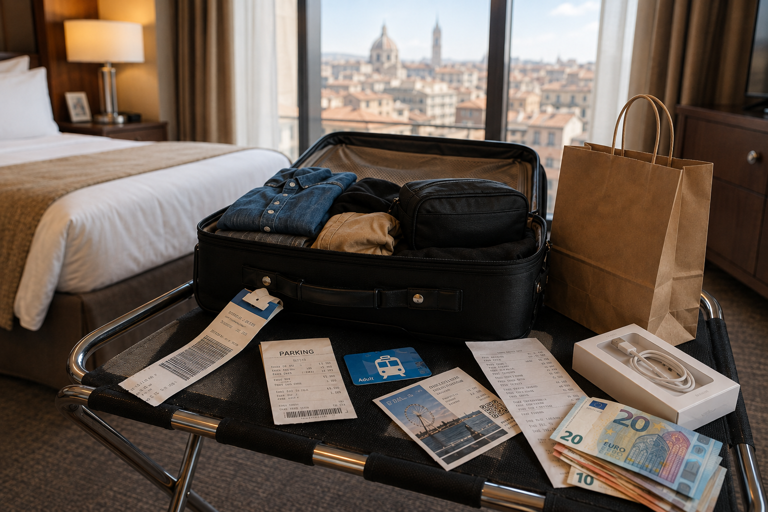 An open suitcase surrounded by receipts, baggage tags, transit cards, attraction tickets, and other small travel expenses that can add up during a vacation.