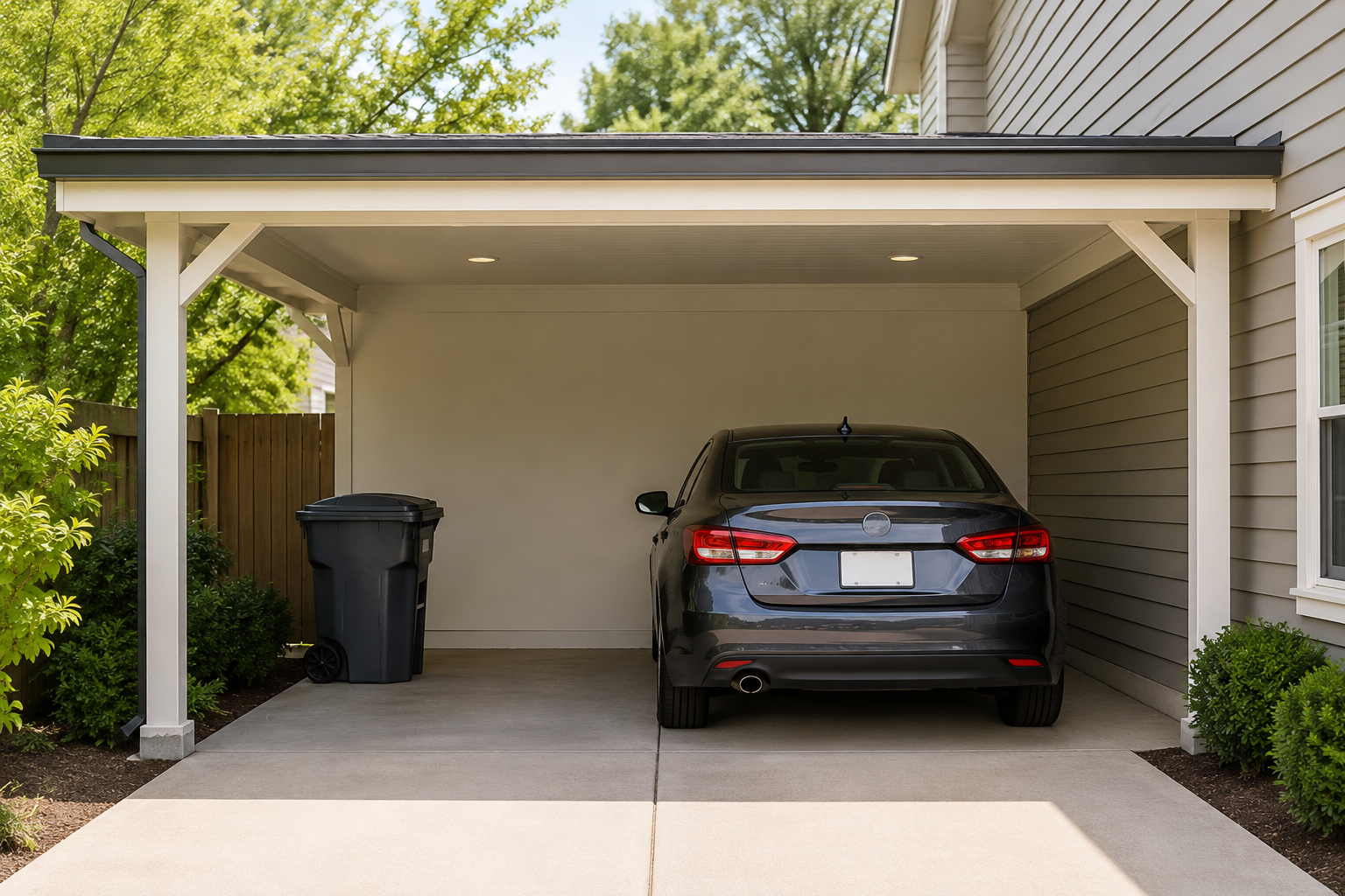 A clean residential carport with a dark gray car parked beside a black outdoor trash can.