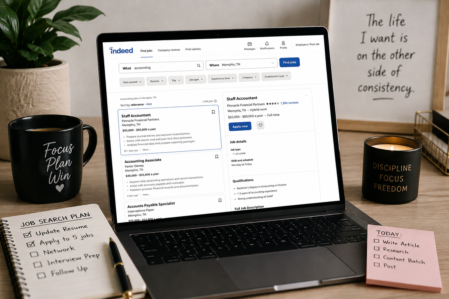 Modern home office desk with a laptop displaying an Indeed job search, representing the beginning of an AI-assisted job search.