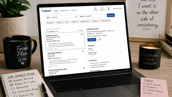 Modern home office desk with a laptop displaying an Indeed job search, representing the beginning of an AI-assisted job search.