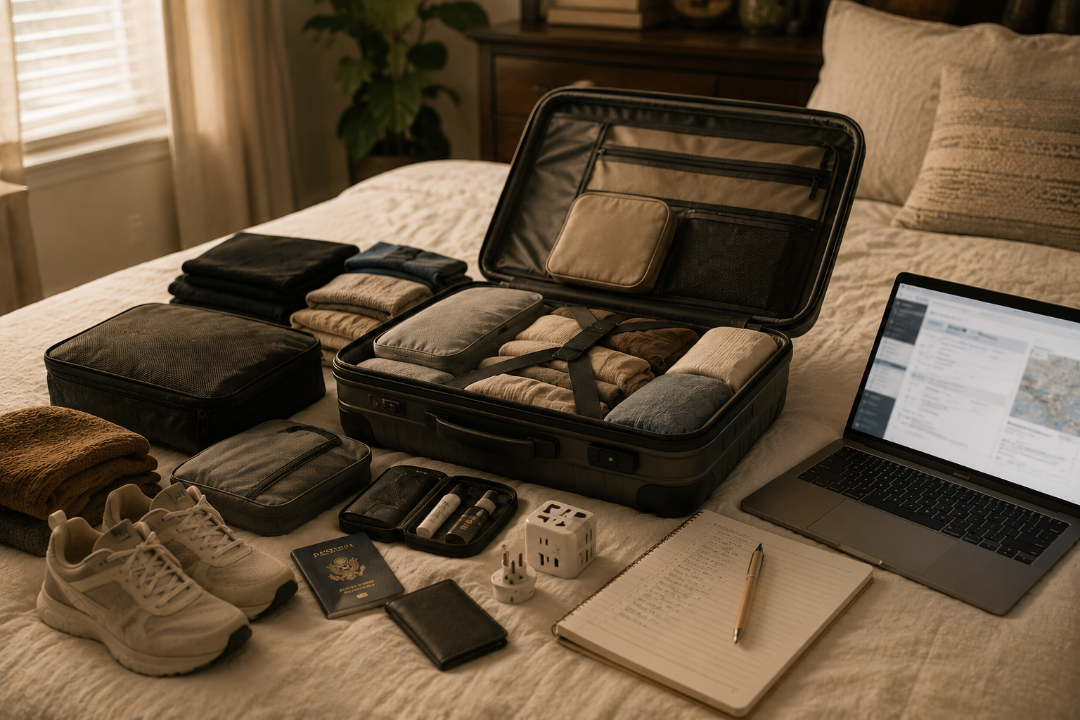 An open suitcase organized with packing cubes, travel essentials, a passport, and a personalized packing checklist for an upcoming trip.