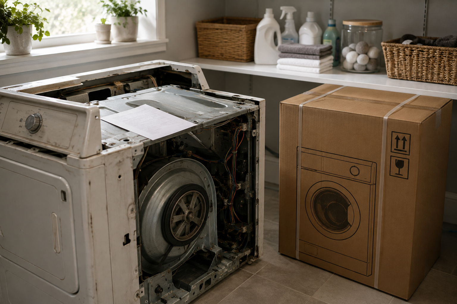An older appliance being repaired beside a boxed replacement, representing the decision between repairing and replacing something expensive.