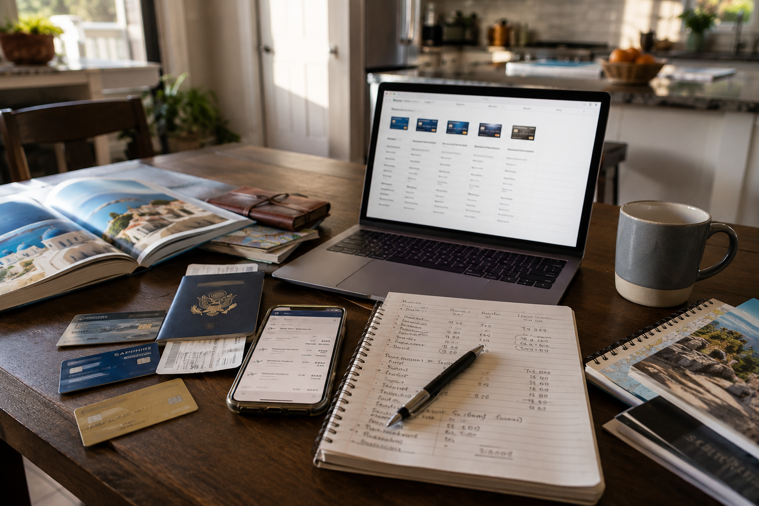 Travel planning materials including credit cards, a passport, a laptop, and handwritten notes used to compare travel rewards before booking a trip.