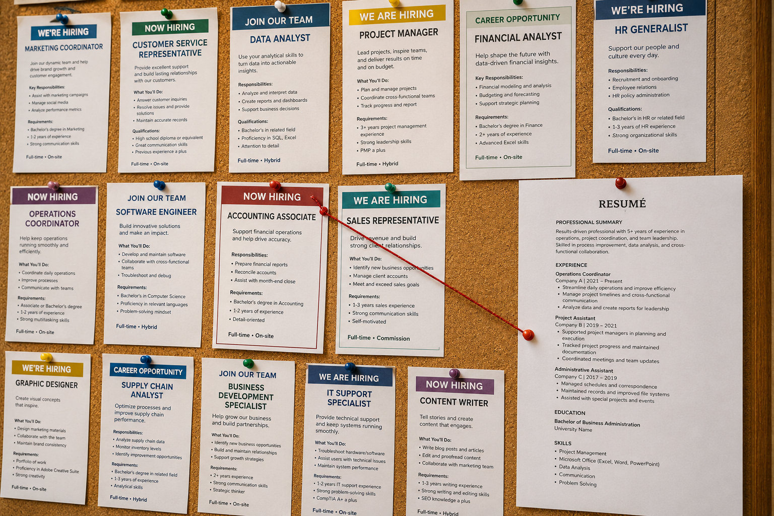 A résumé connected by red string to a highlighted job posting on a bulletin board, representing tailoring experience to a specific job opportunity.