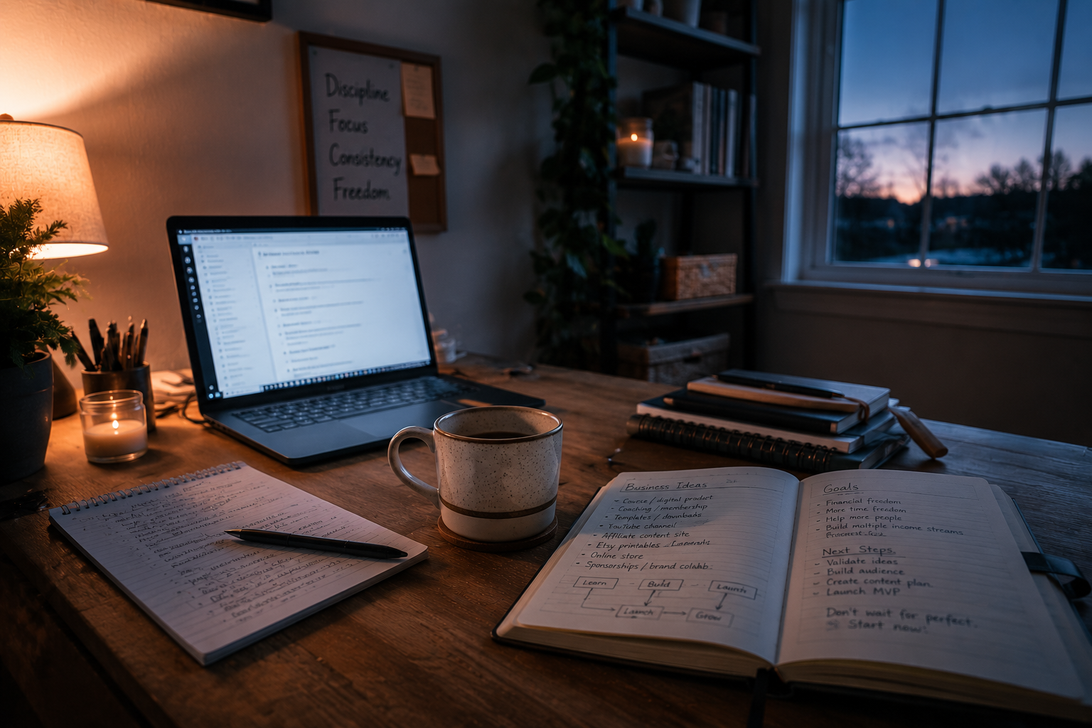 A cozy desk with an open laptop and notebooks beside it, positioned in front of a window overlooking a warm sunset.