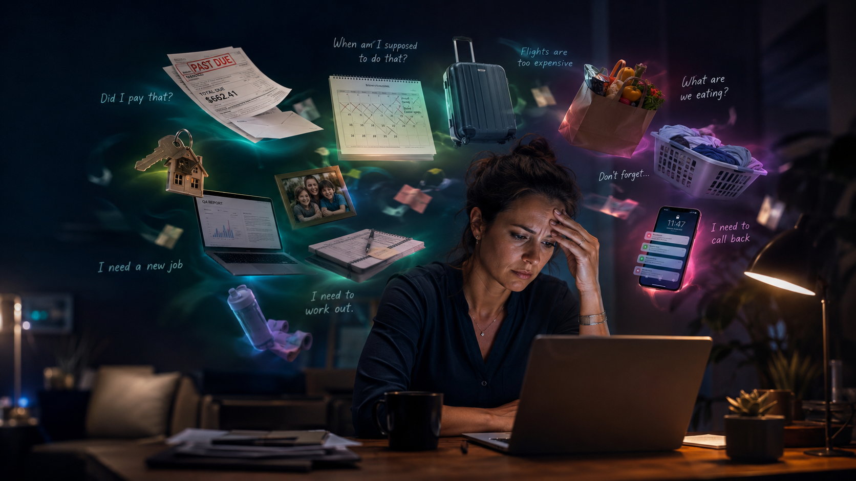 Woman sitting at a laptop surrounded by floating reminders, bills, travel plans, household tasks, and other thoughts competing for her attention.