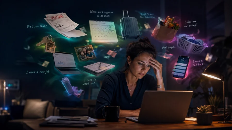 Woman sitting at a laptop surrounded by floating reminders, bills, travel plans, household tasks, and other thoughts competing for her attention.