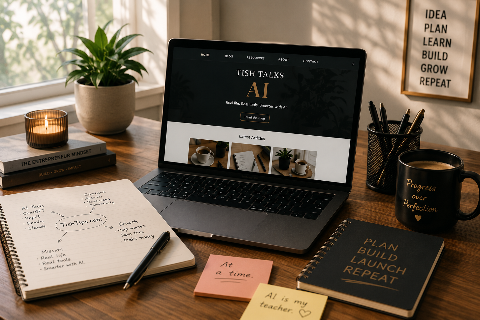 Laptop displaying a website under development beside a notebook, coffee mug, and handwritten planning notes, representing the process of building a first website with AI tools.