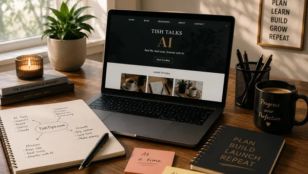 Laptop displaying a website under development beside a notebook, coffee mug, and handwritten planning notes, representing the process of building a first website with AI tools.