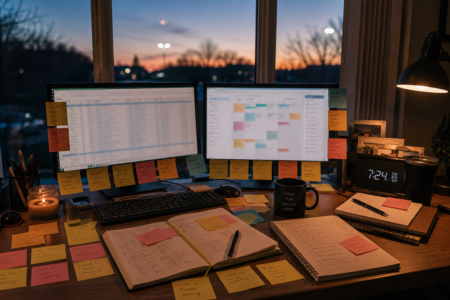 A cozy home office at dusk with two computer monitors on a wooden desk in front of a large window overlooking a sunset. Colorful sticky notes cover the desk, monitors, and notebooks, alongside a keyboard, coffee mug, planner, and handwritten notes, illustrating the overwhelming mental load of managing countless daily tasks in a warm, lived-in workspace.