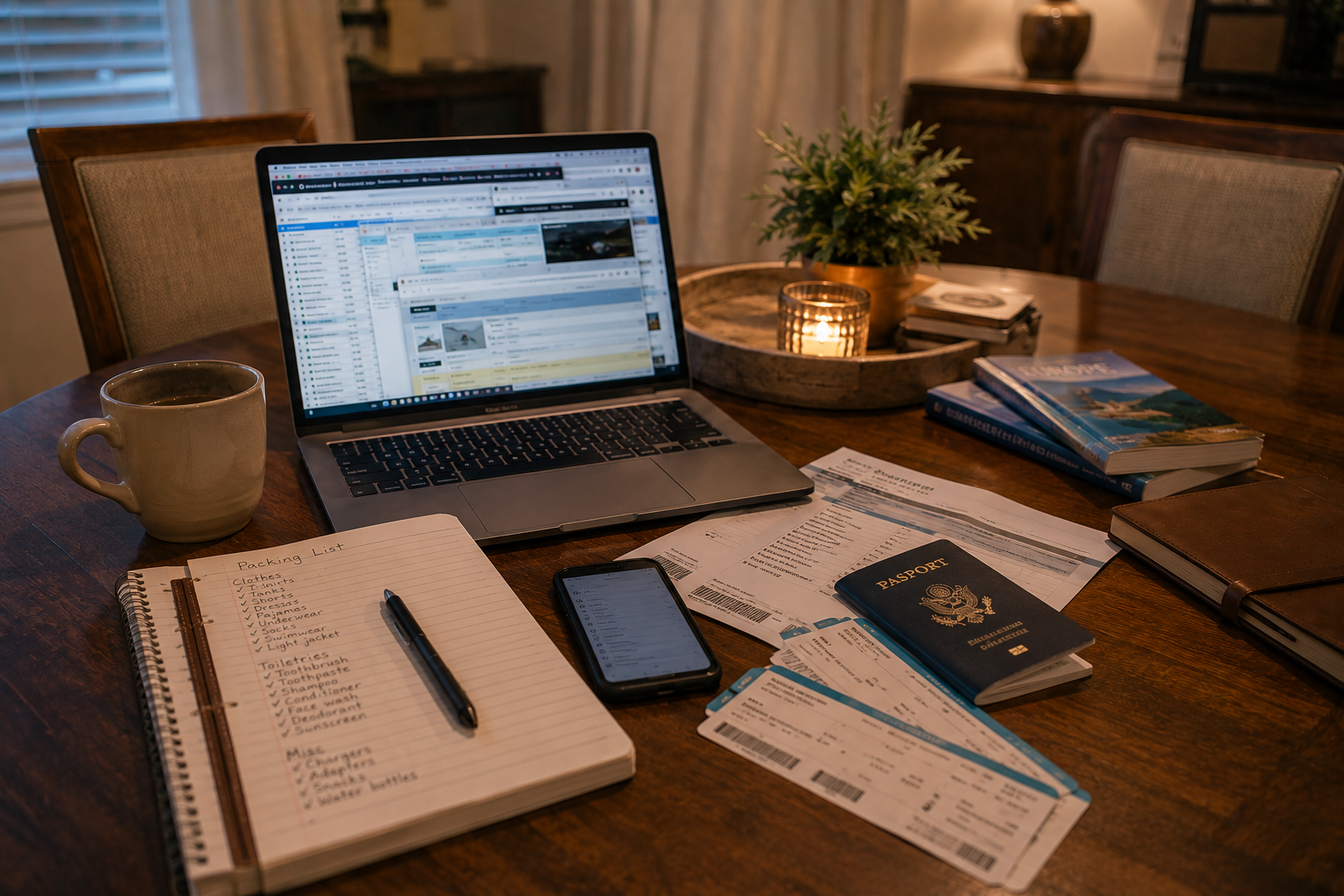 A dining table with a laptop, passport, notebook, and travel planning materials laid out for organizing a family vacation.