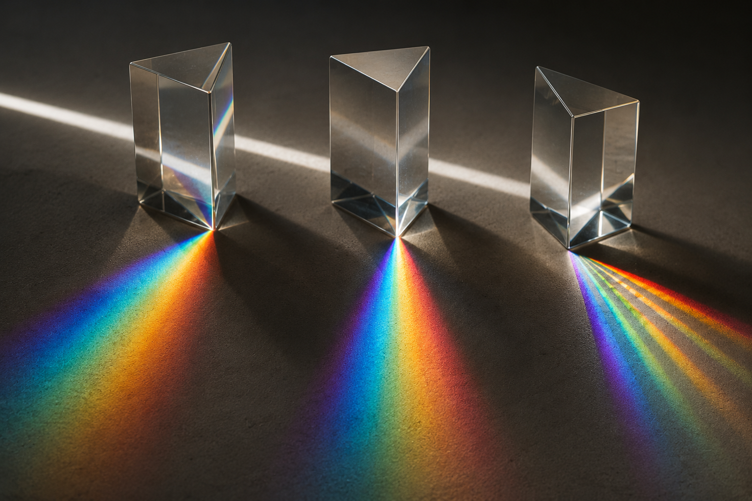 One beam of light passing through three glass prisms and creating different patterns, representing how multiple AI tools can answer the same question differently.