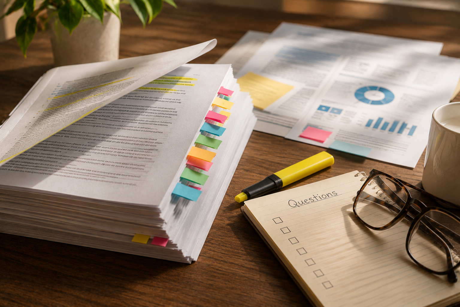 A lengthy printed document with sticky tabs, a highlighter, and a notebook of questions, representing reviewing important paperwork with AI assistance.