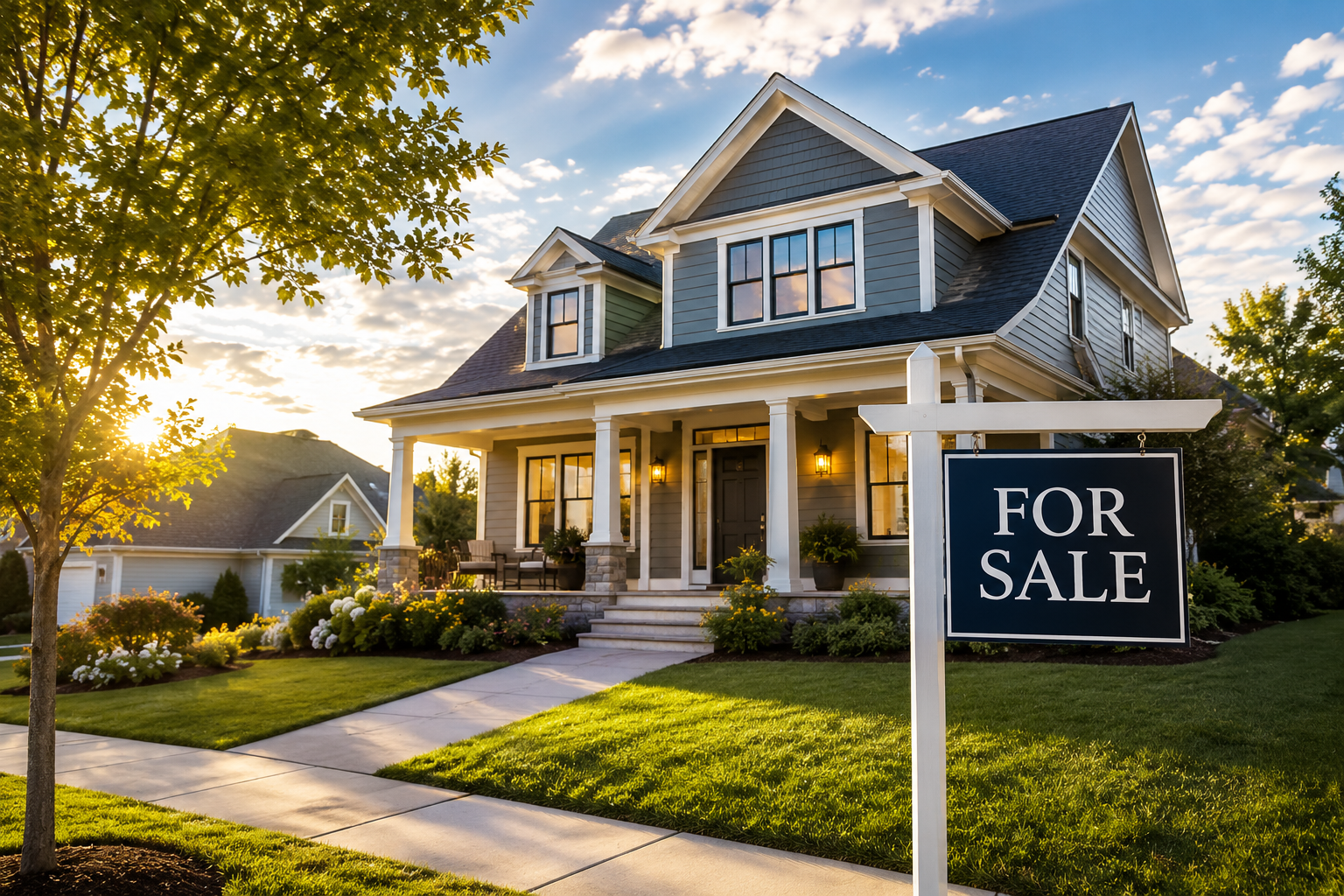 A well-maintained suburban home with a "For Sale" sign in the front yard, representing the financial decisions involved in purchasing a home.