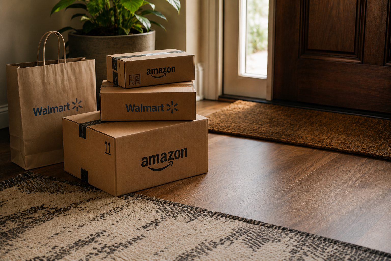 Several Amazon shipping boxes and a Walmart shopping bag are neatly arranged near a home's front door in a bright, organized entryway. Warm natural light, hardwood floors, and a welcoming foyer create a realistic scene that represents the aftermath of online shopping and impulse purchases without feeling cluttered.
