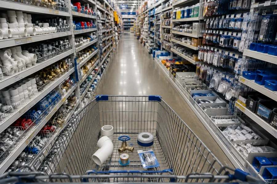 A hardware store aisle stocked with home repair supplies and a shopping cart containing a few carefully selected items, representing the process of deciding whether to tackle a repair yourself before buying materials.