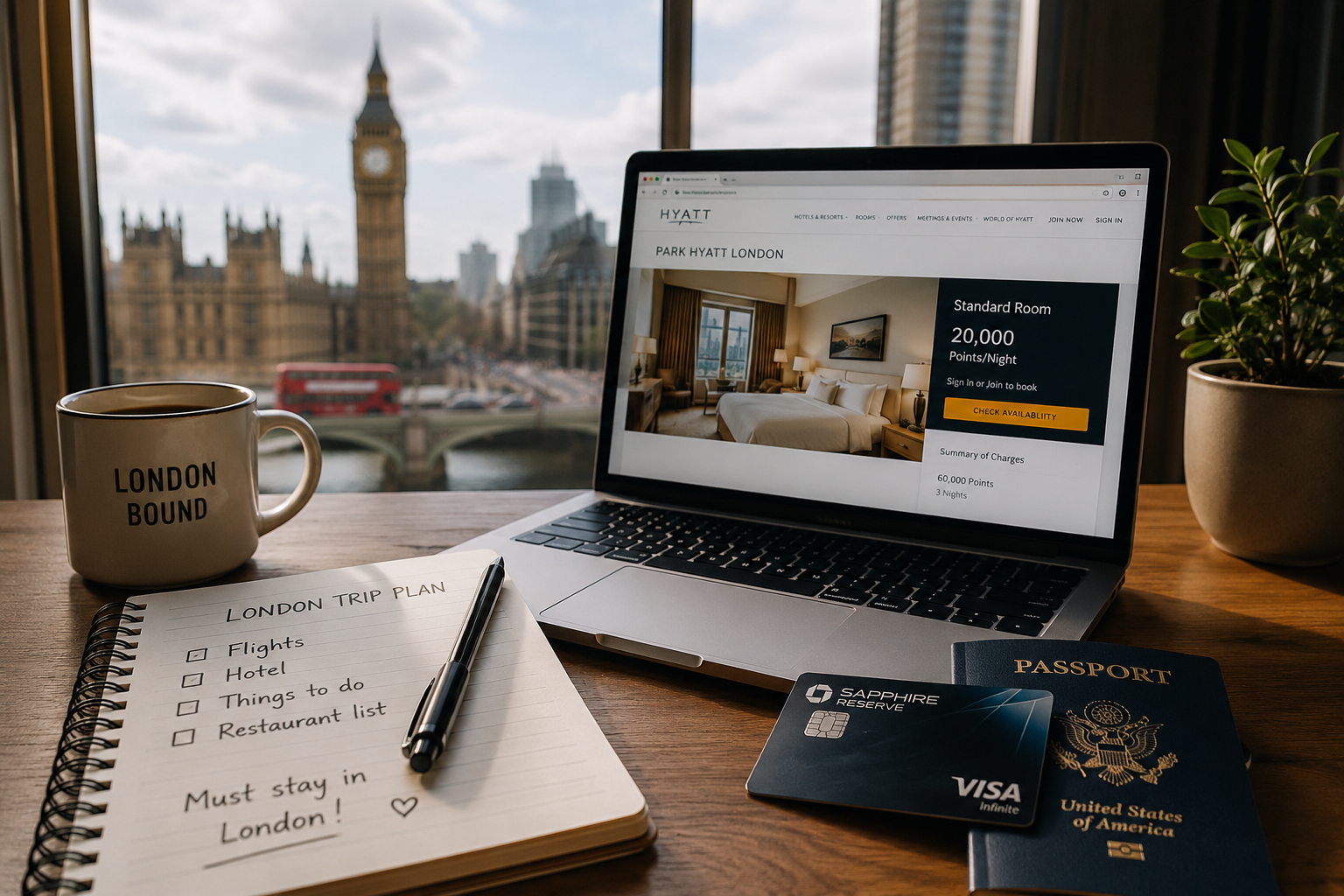 Travel planning desk with laptop, passport, and London itinerary